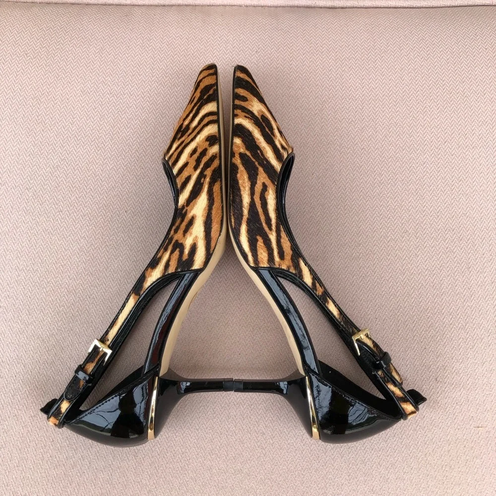 Michael Kors  Calf Hair Black Brown Tiger Print Slingback Mid Pump Heel Shoes 6M